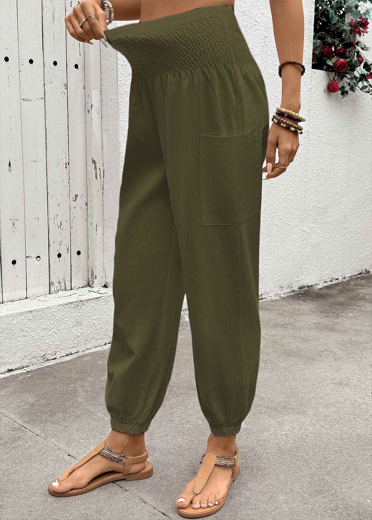Olive Green Soft Jogger Elastic Waist High Waisted Pants | picture 