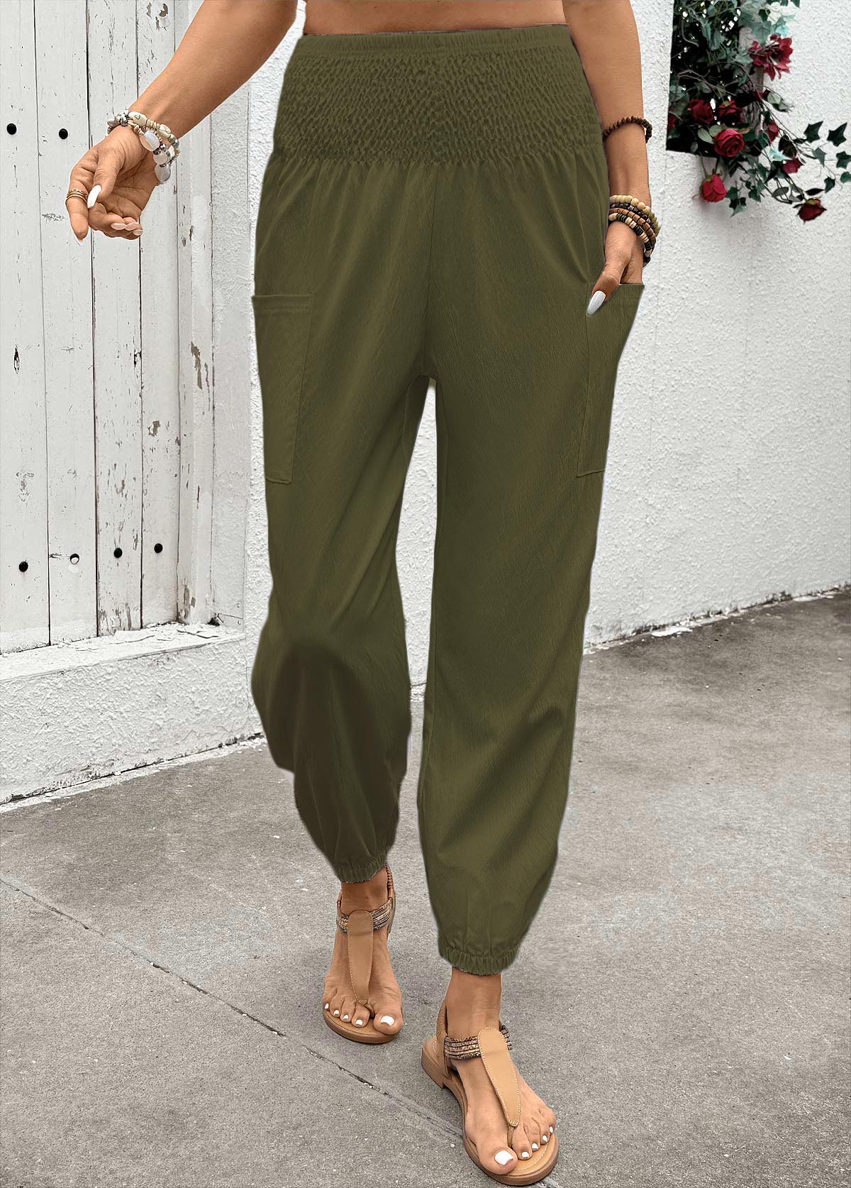 Olive Green Soft Jogger Elastic Waist High Waisted Pants | picture 