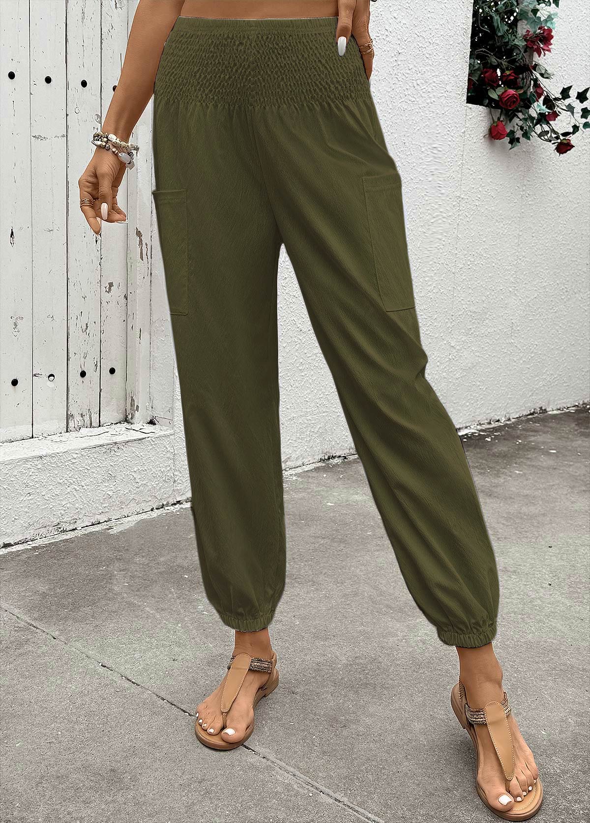 Olive Green Soft Jogger Elastic Waist High Waisted Pants | picture 