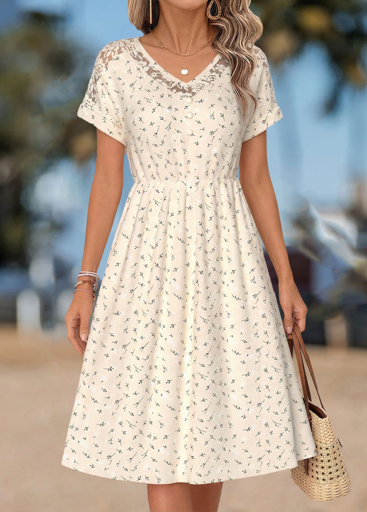 Beige Leaf Print Patchwork Short Sleeve V Neck Dress | picture 