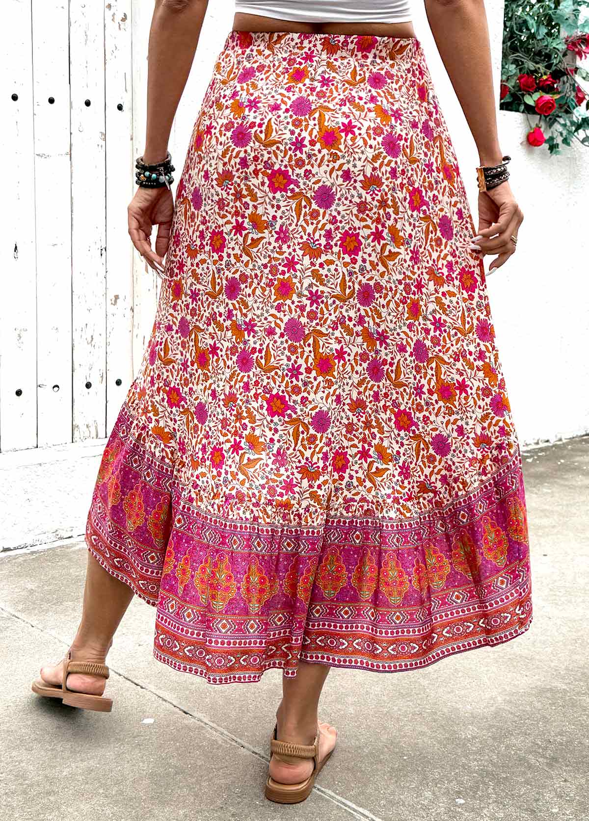 Hot Pink Floral Print A Line Elastic Waist Skirt | picture 
