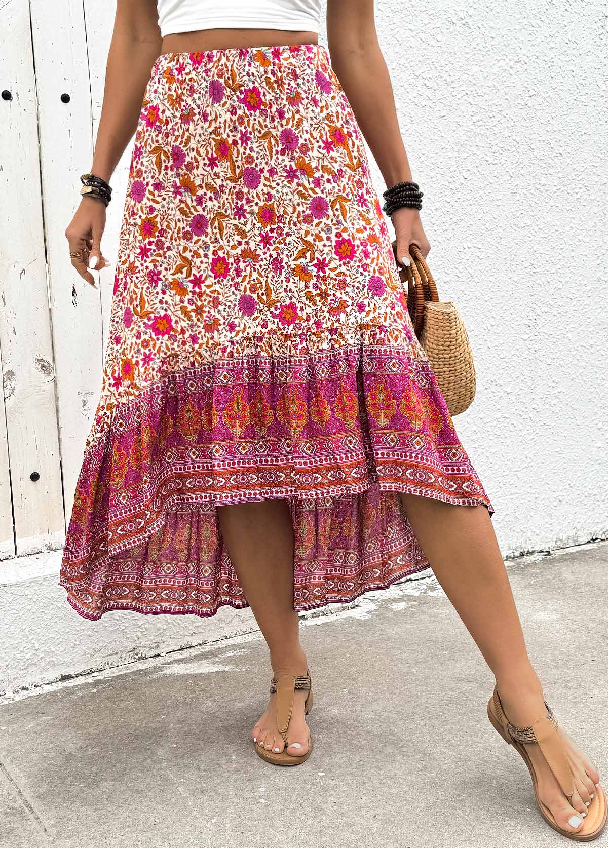 Hot Pink Floral Print A Line Elastic Waist Skirt | picture 