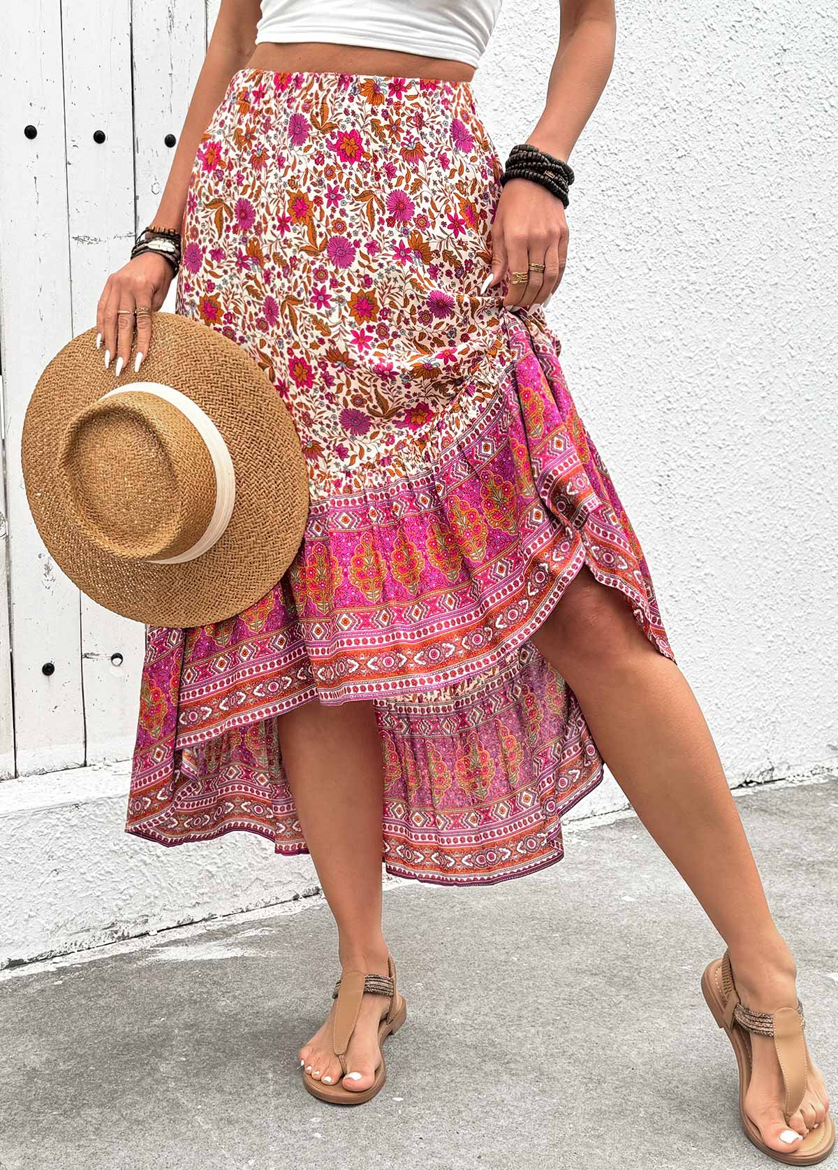 Hot Pink Floral Print A Line Elastic Waist Skirt | picture 