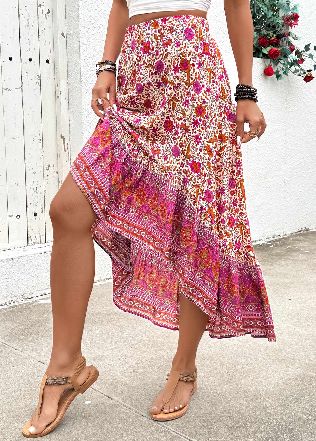 Hot Pink Floral Print A Line Elastic Waist Skirt | picture 