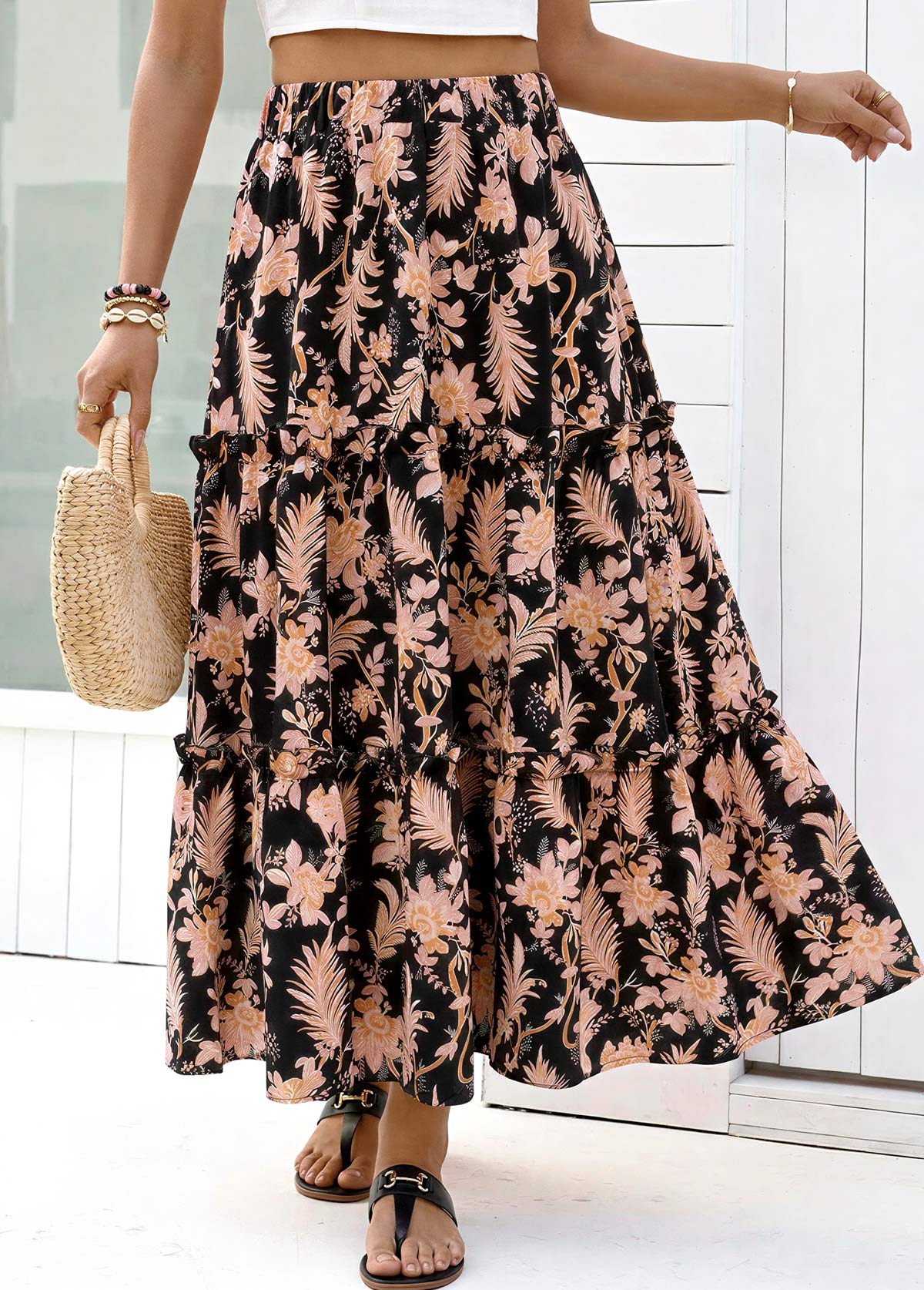 Black Floral Print A Line Elastic Waist Maxi Skirt | picture 