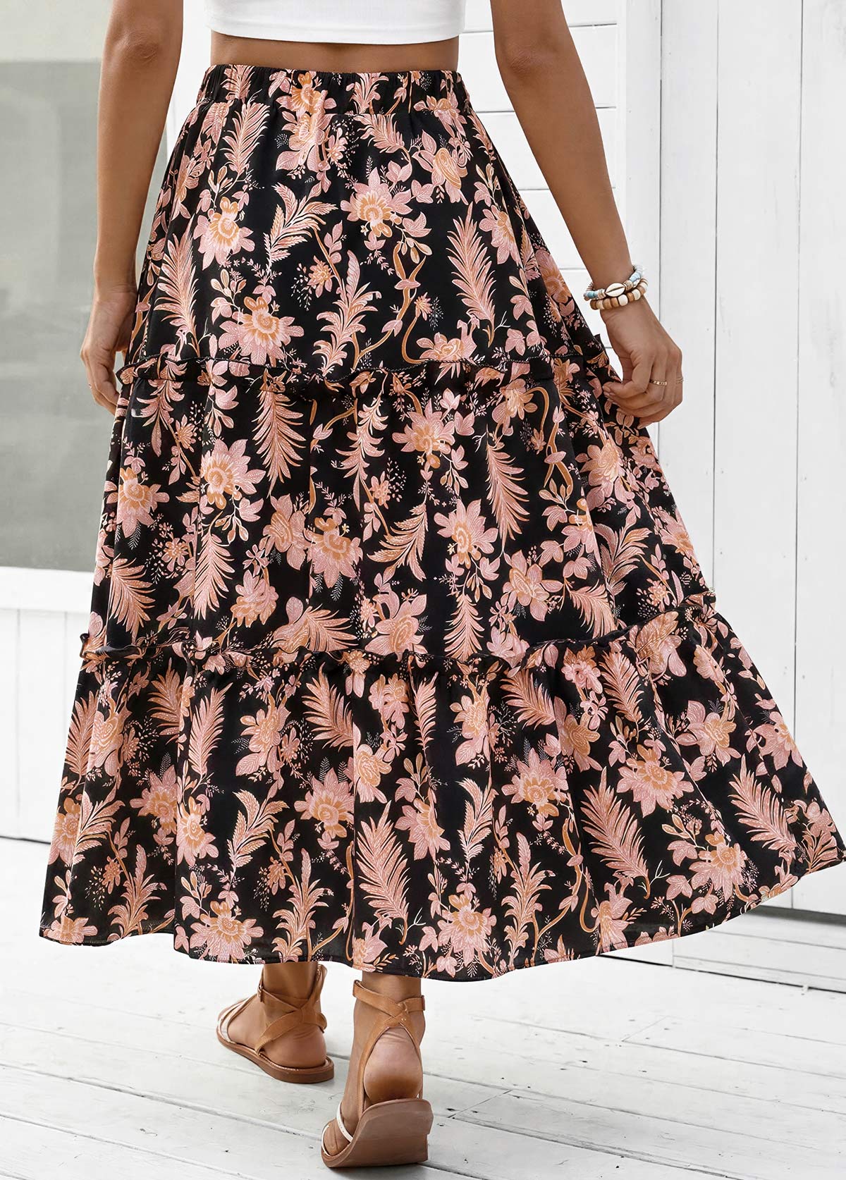 Black Floral Print A Line Elastic Waist Maxi Skirt | picture 