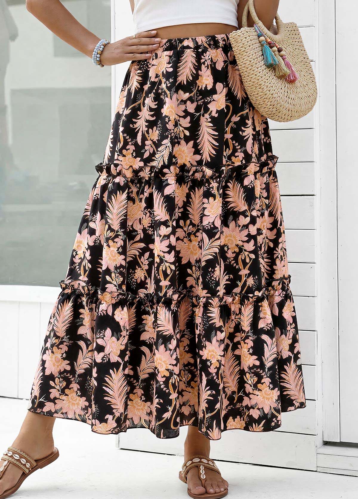 Black Floral Print A Line Elastic Waist Maxi Skirt | picture 