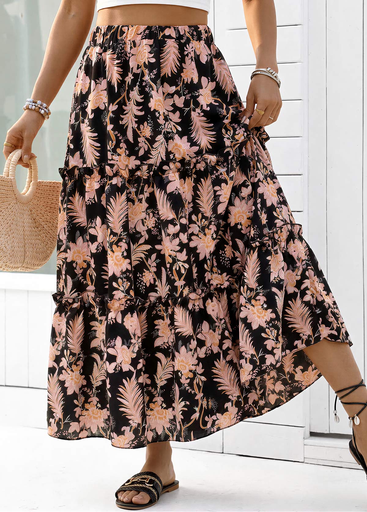 Black Floral Print A Line Elastic Waist Maxi Skirt | picture 