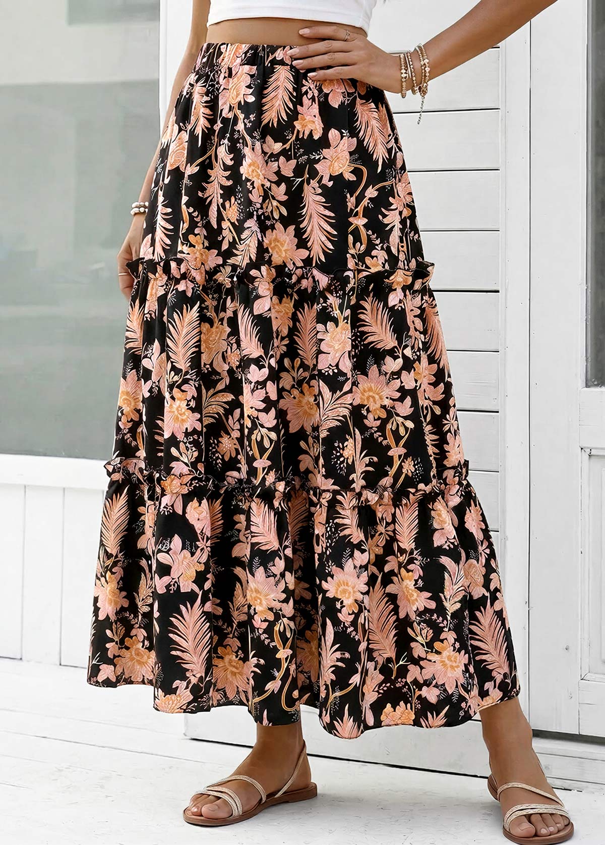 Black Floral Print A Line Elastic Waist Maxi Skirt | picture 