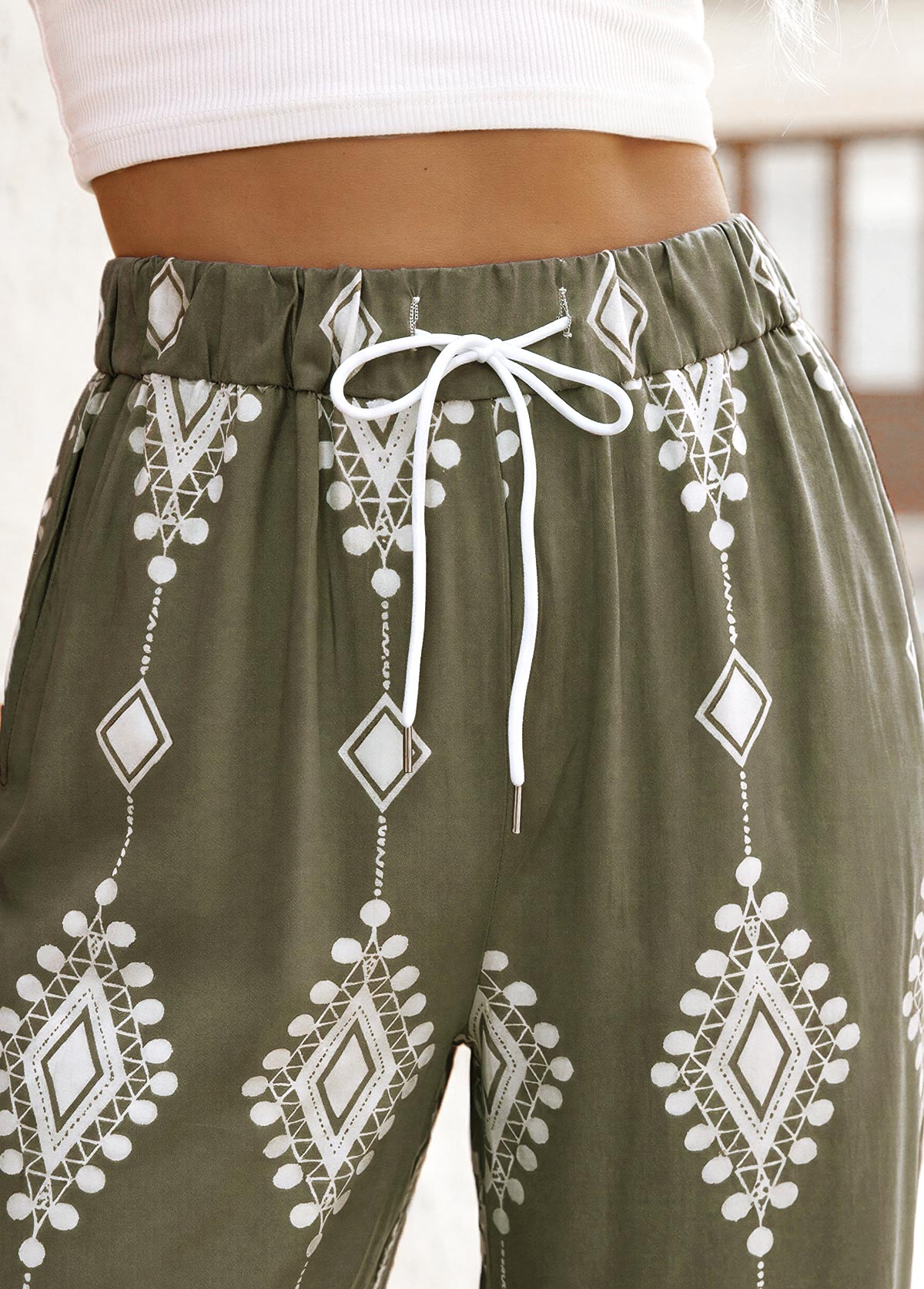 Olive Green Tribal Print Straight Leg Elastic Waist Pants | picture 
