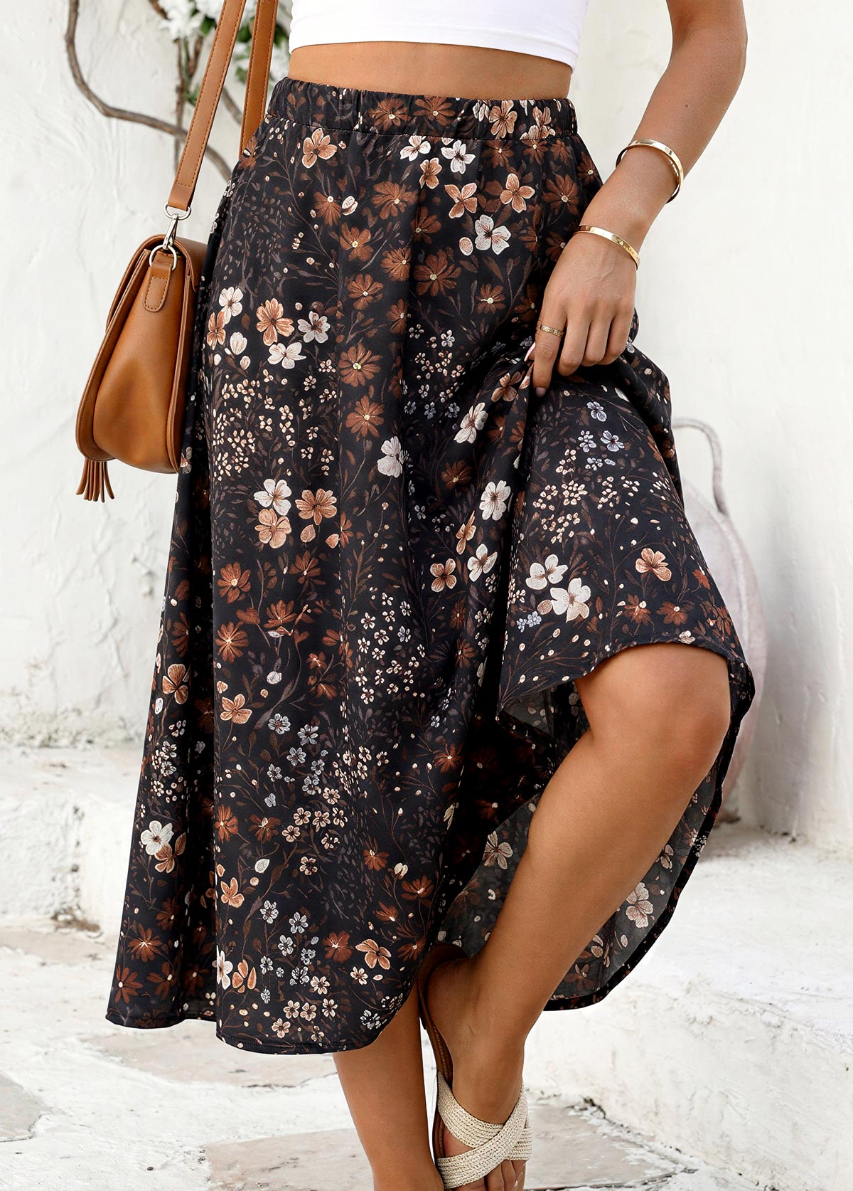 Black Floral Print A Line Elastic Waist Maxi Skirt | picture 