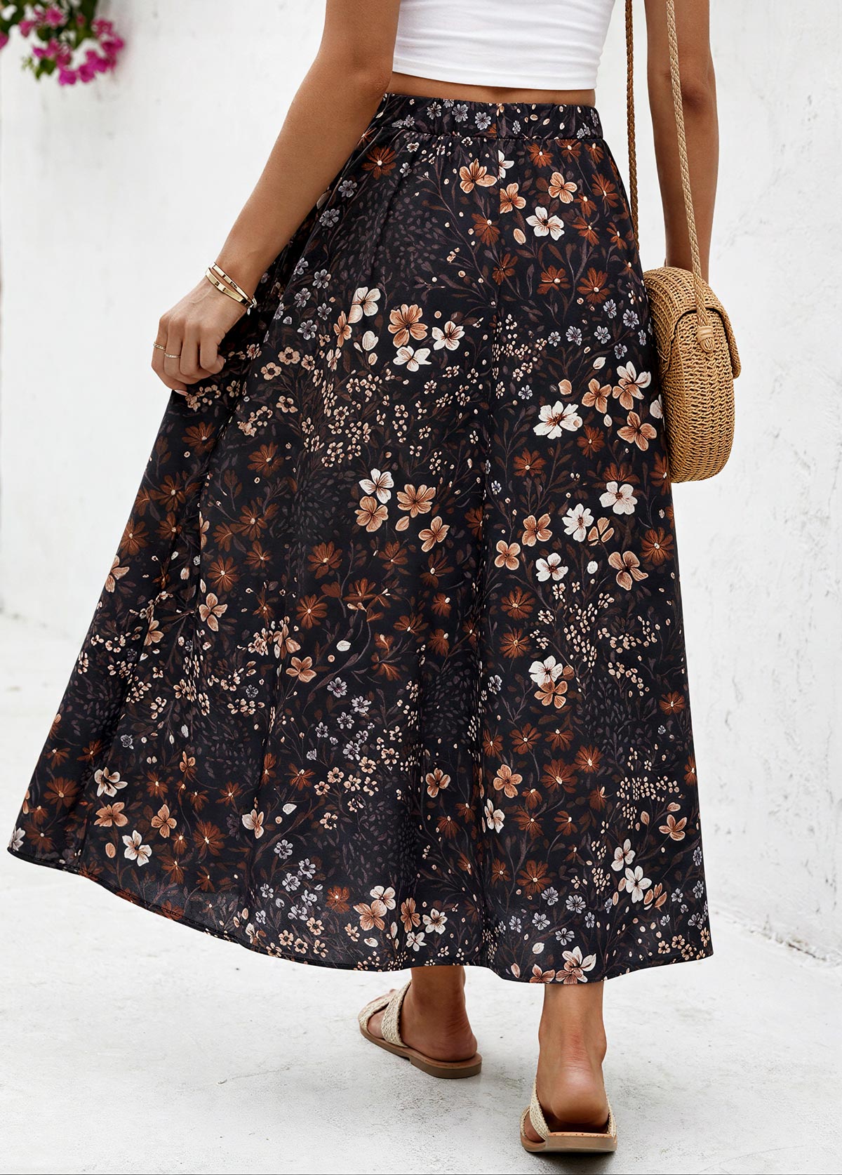 Black Floral Print A Line Elastic Waist Maxi Skirt | picture 