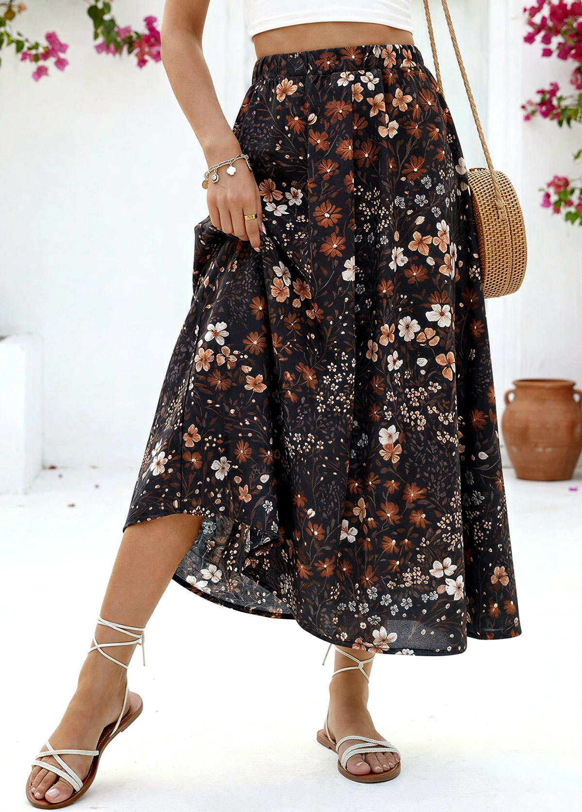 Black Floral Print A Line Elastic Waist Maxi Skirt | picture 