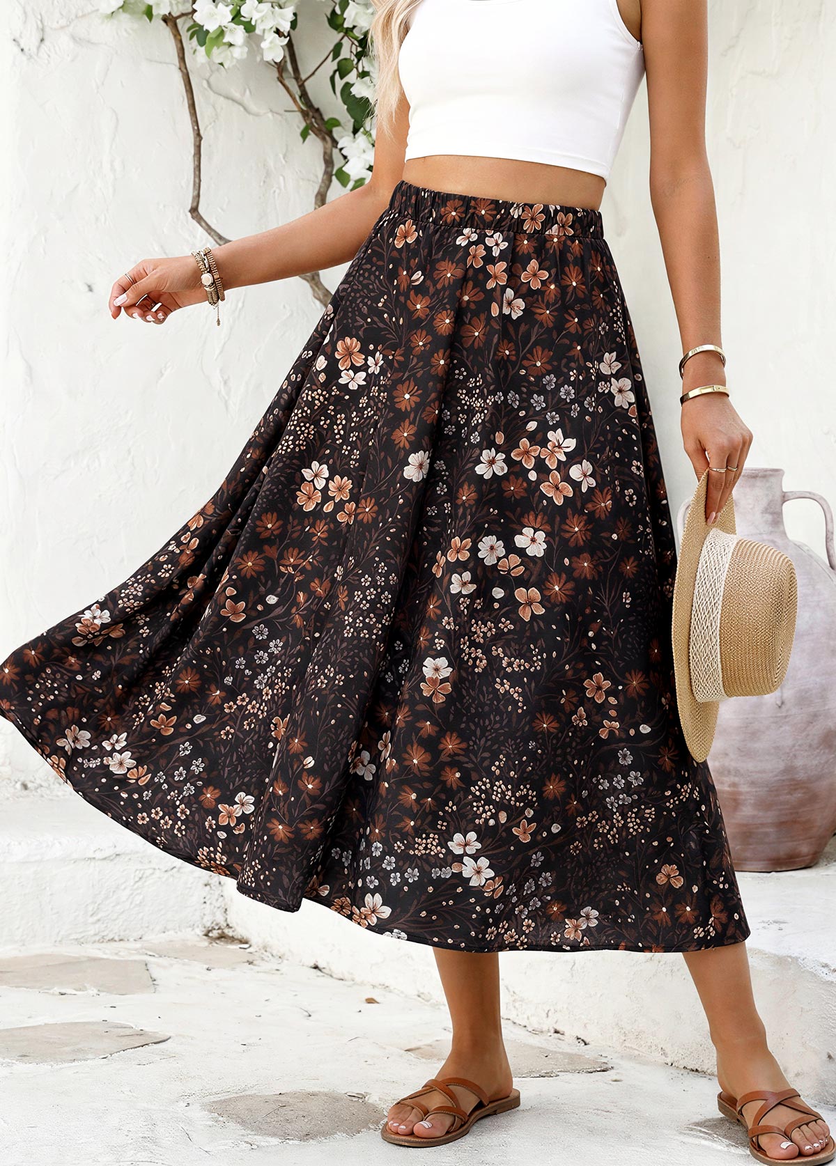 Black Floral Print A Line Elastic Waist Maxi Skirt | picture 