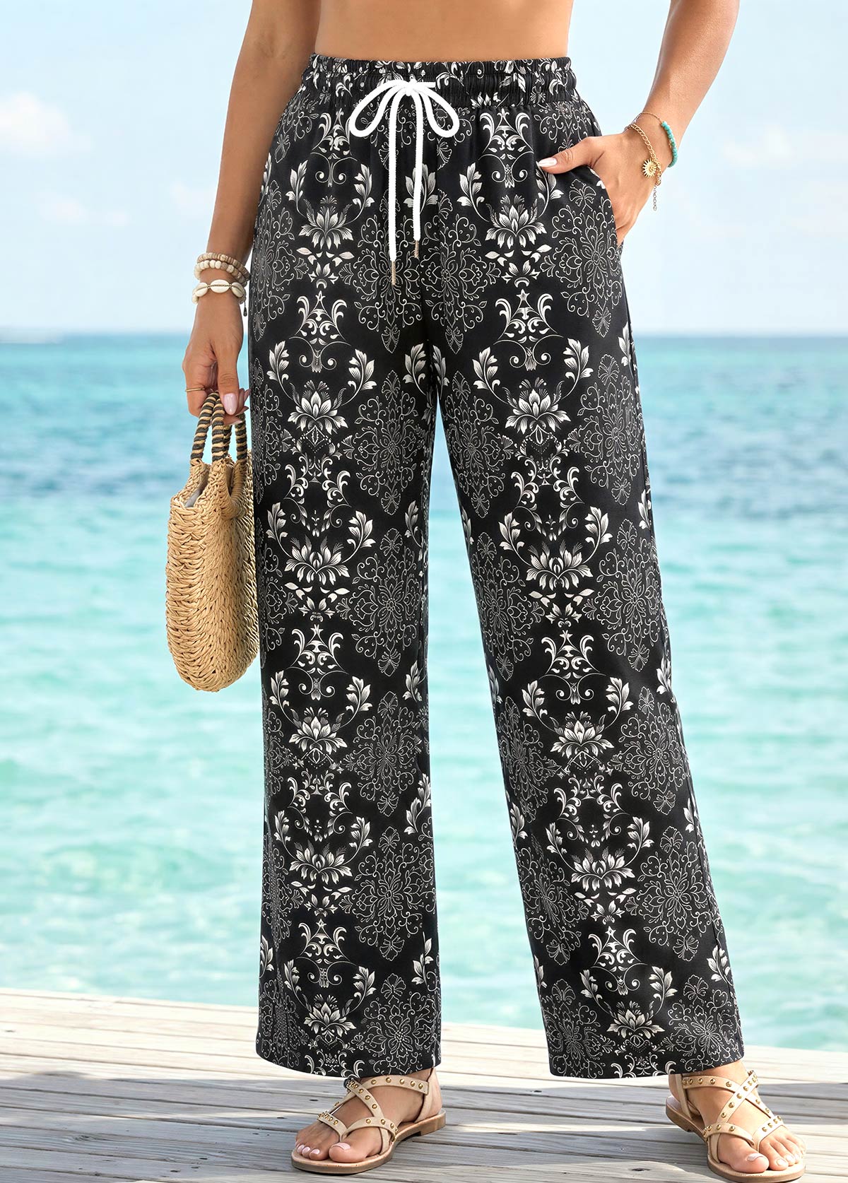 Black Tribal Print Straight Leg Drawastring High Waisted Pants | picture 