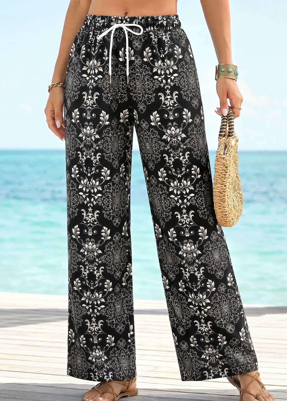 Black Tribal Print Straight Leg Drawastring High Waisted Pants | picture 