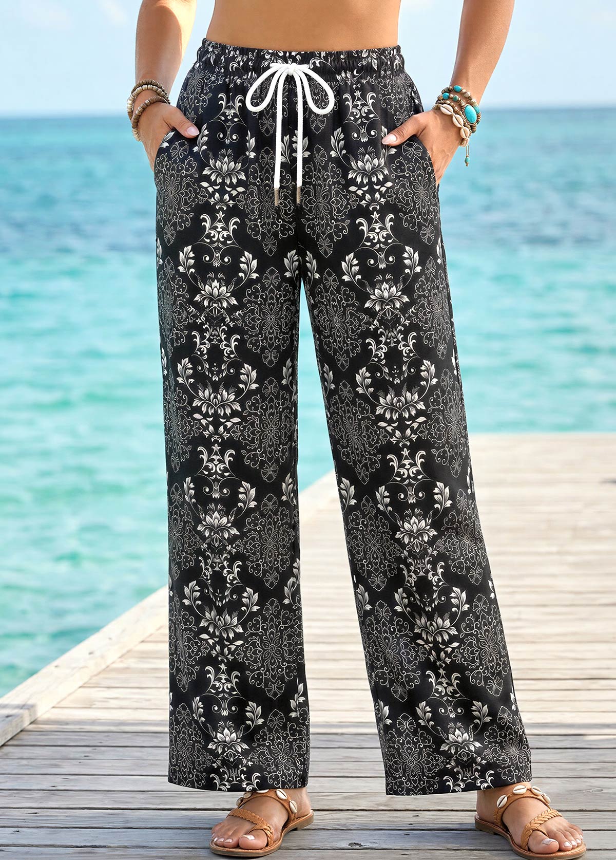 Black Tribal Print Straight Leg Drawastring High Waisted Pants | picture 