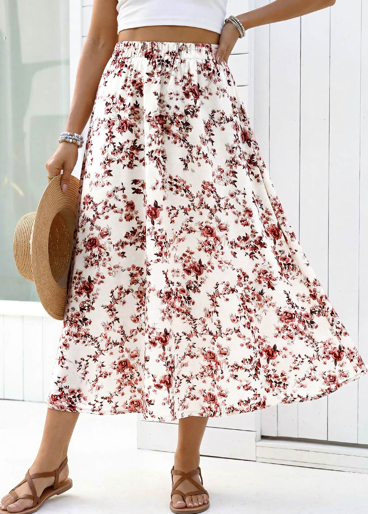 White Floral Print A Line Elastic Waist Maxi Skirt | picture 