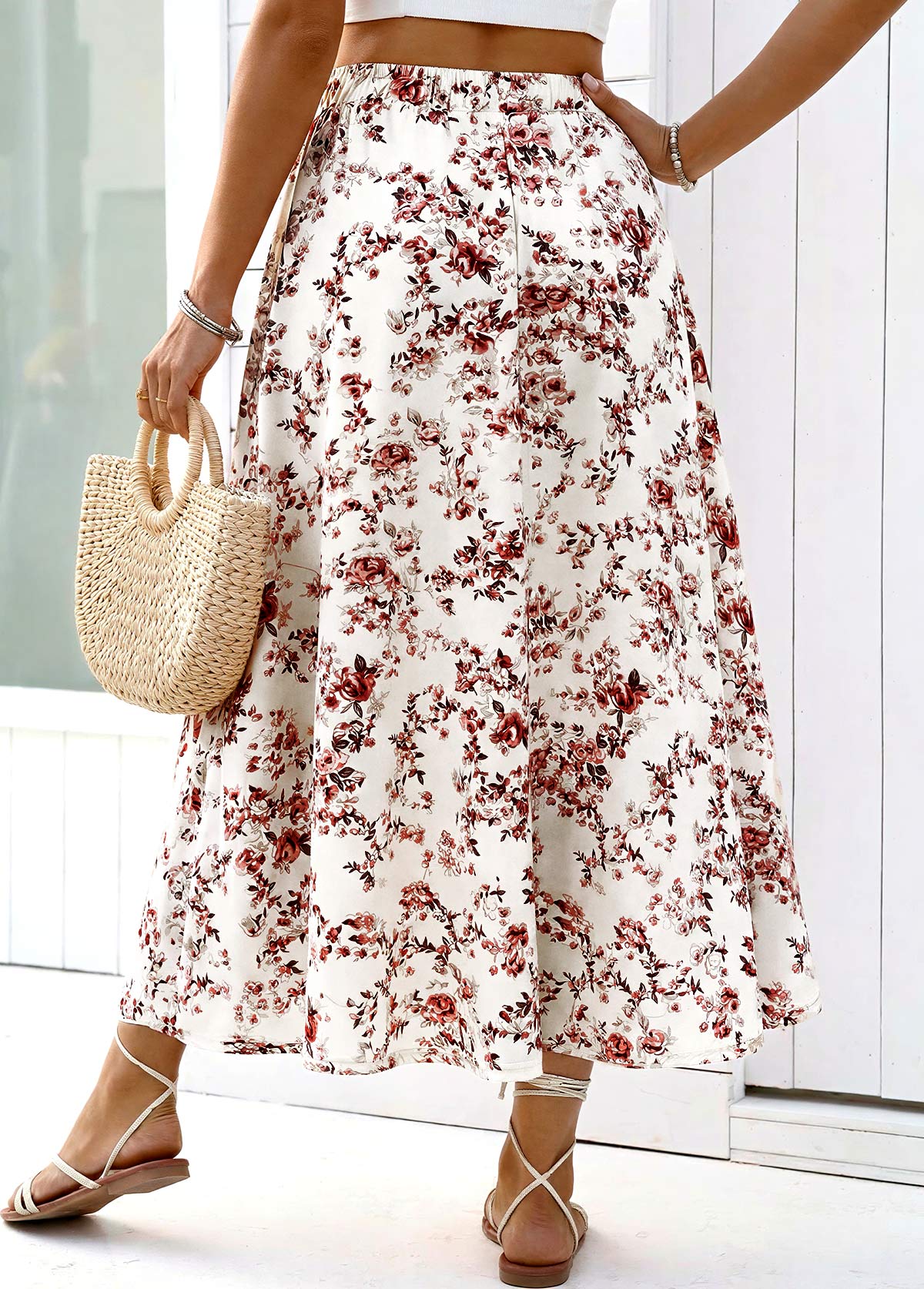 White Floral Print A Line Elastic Waist Maxi Skirt | picture 