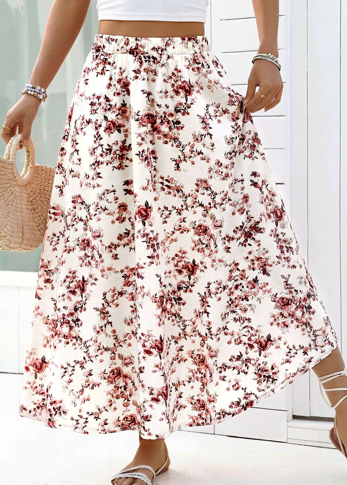 White Floral Print A Line Elastic Waist Maxi Skirt | picture 