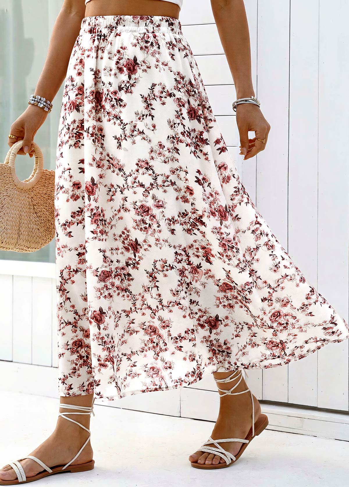 White Floral Print A Line Elastic Waist Maxi Skirt | picture 