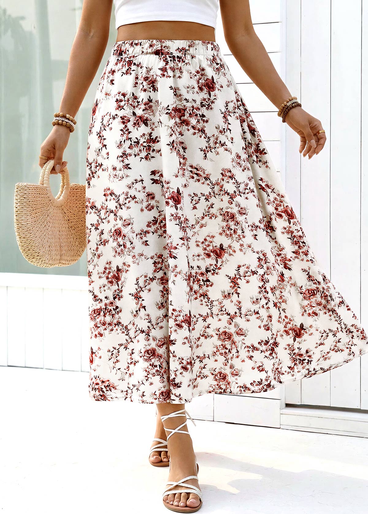 White Floral Print A Line Elastic Waist Maxi Skirt | picture 