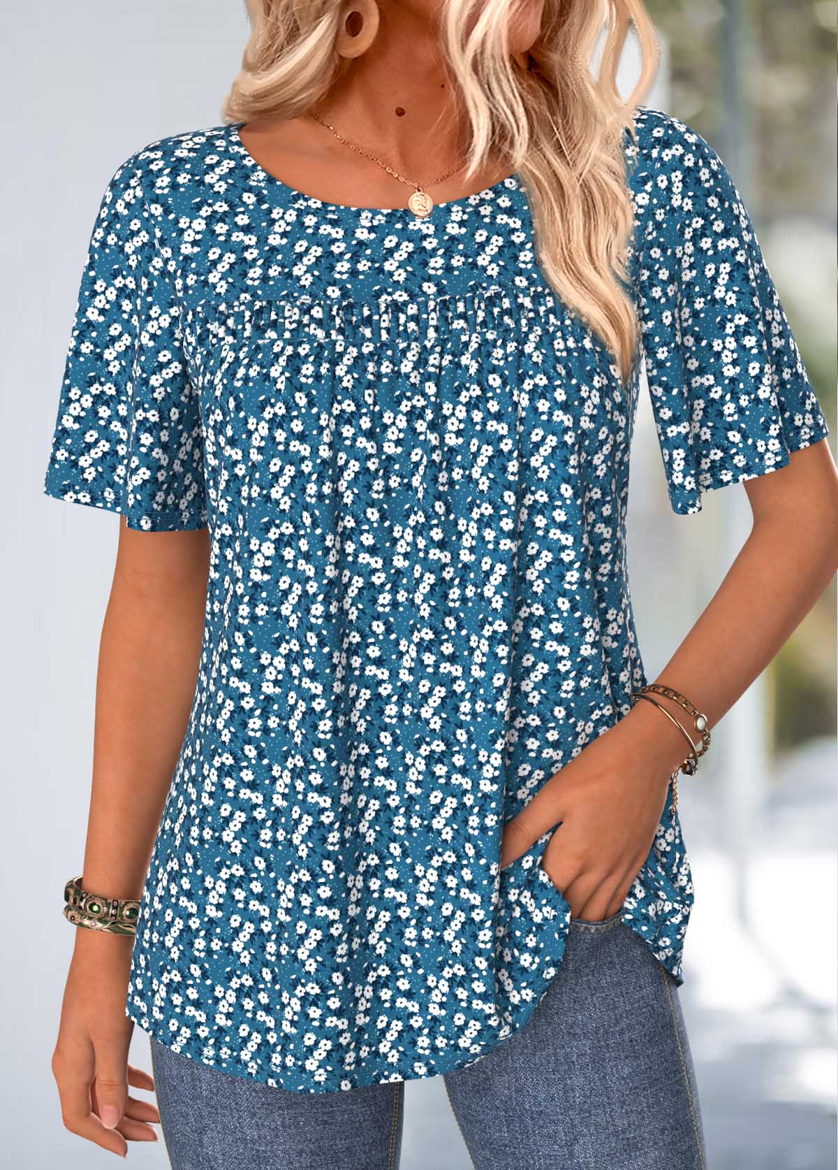 Blue Ditsy Floral Print Smocked Short Sleeve T Shirt | picture 