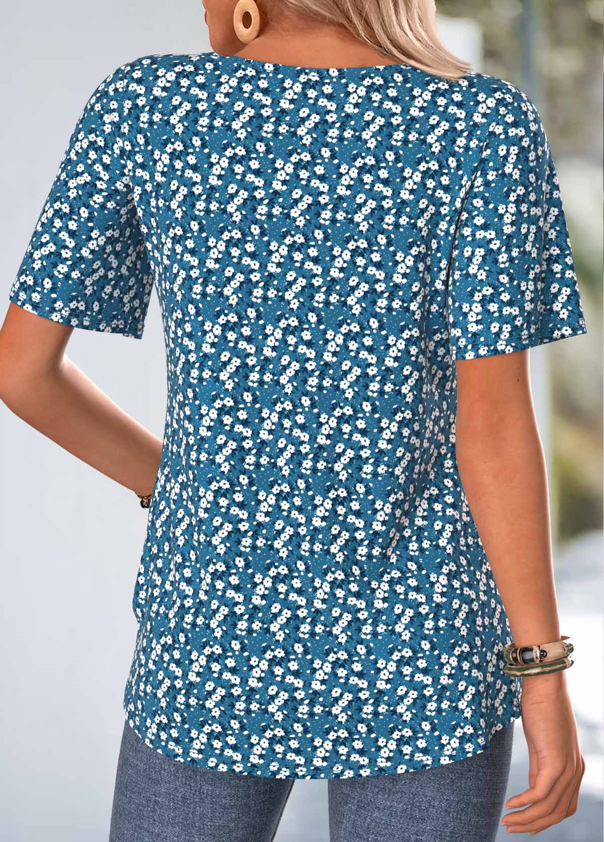 Blue Ditsy Floral Print Smocked Short Sleeve T Shirt | picture 