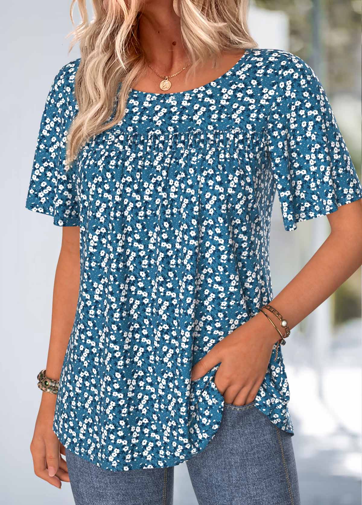 Blue Ditsy Floral Print Smocked Short Sleeve T Shirt | picture 