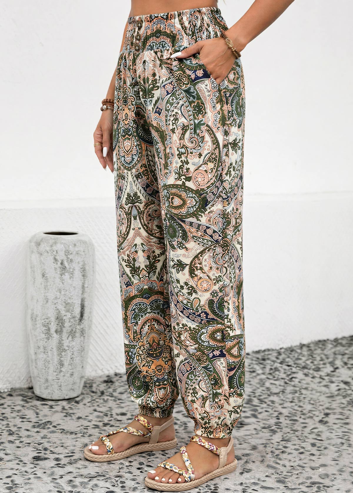 Dusty Pink Soft Tribal Print Jogger Elastic Waist Pants | picture 