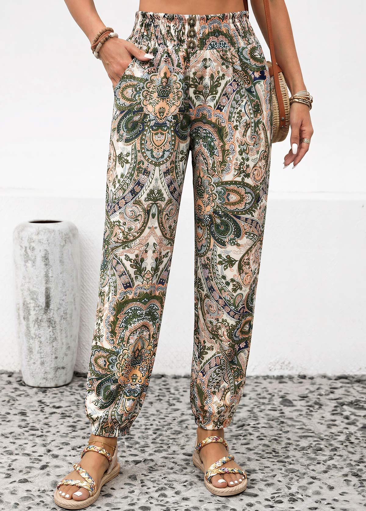 Dusty Pink Soft Tribal Print Jogger Elastic Waist Pants | picture 