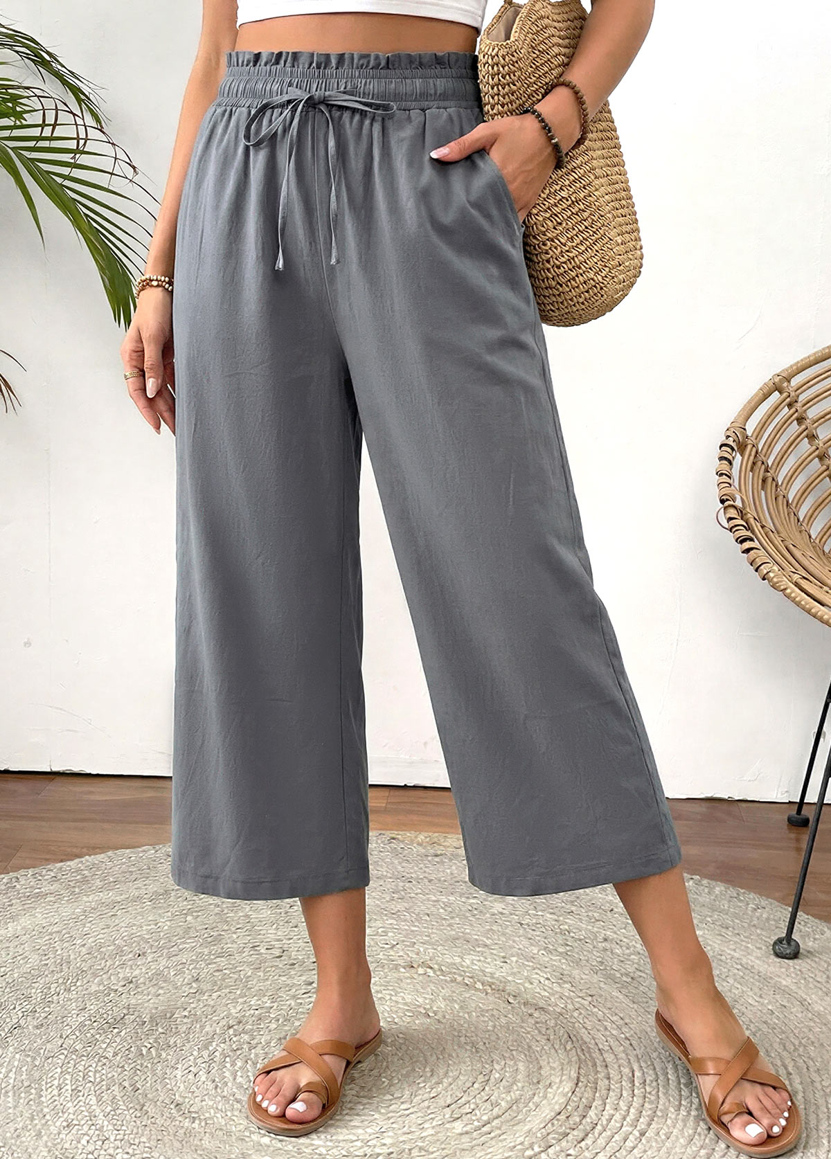 Grey Straight Leg Elastic Waist High Waisted Pants | picture 