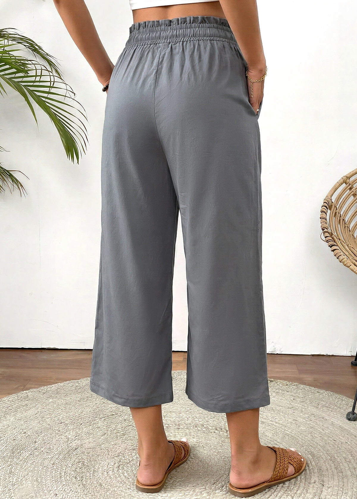 Grey Straight Leg Elastic Waist High Waisted Pants | picture 