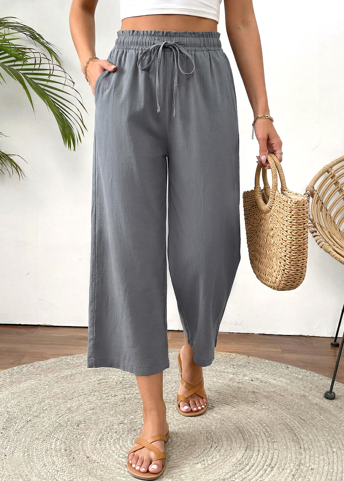 Grey Straight Leg Elastic Waist High Waisted Pants | picture 