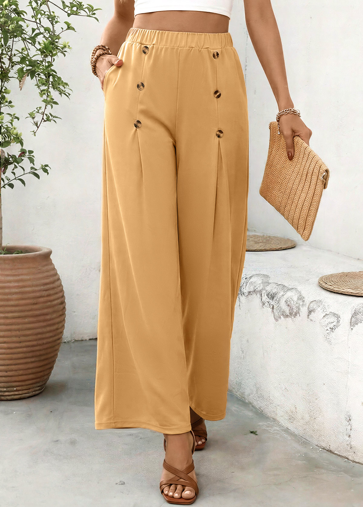 Dark Camel Soft Wide Leg Elastic Waist Pants | picture 