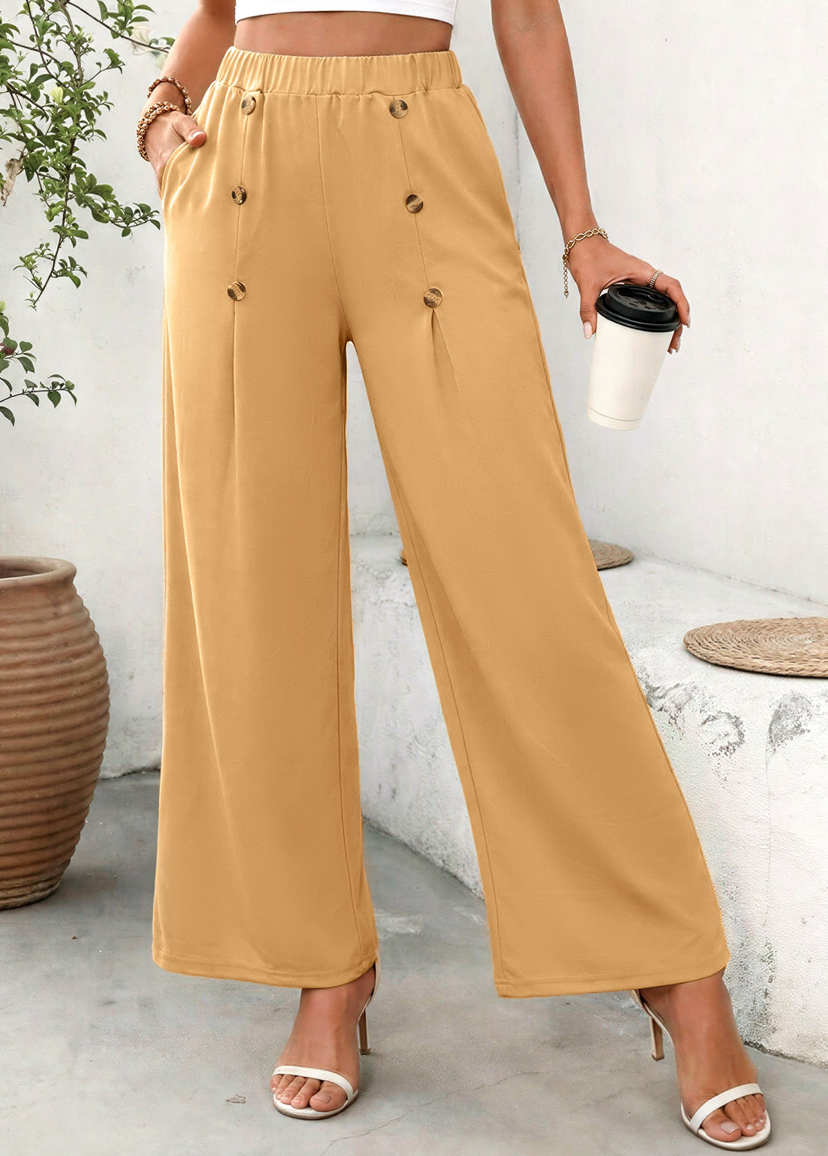 Dark Camel Soft Wide Leg Elastic Waist Pants | picture 