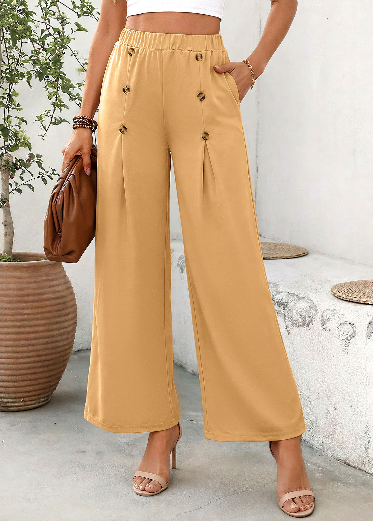 Dark Camel Soft Wide Leg Elastic Waist Pants | picture 