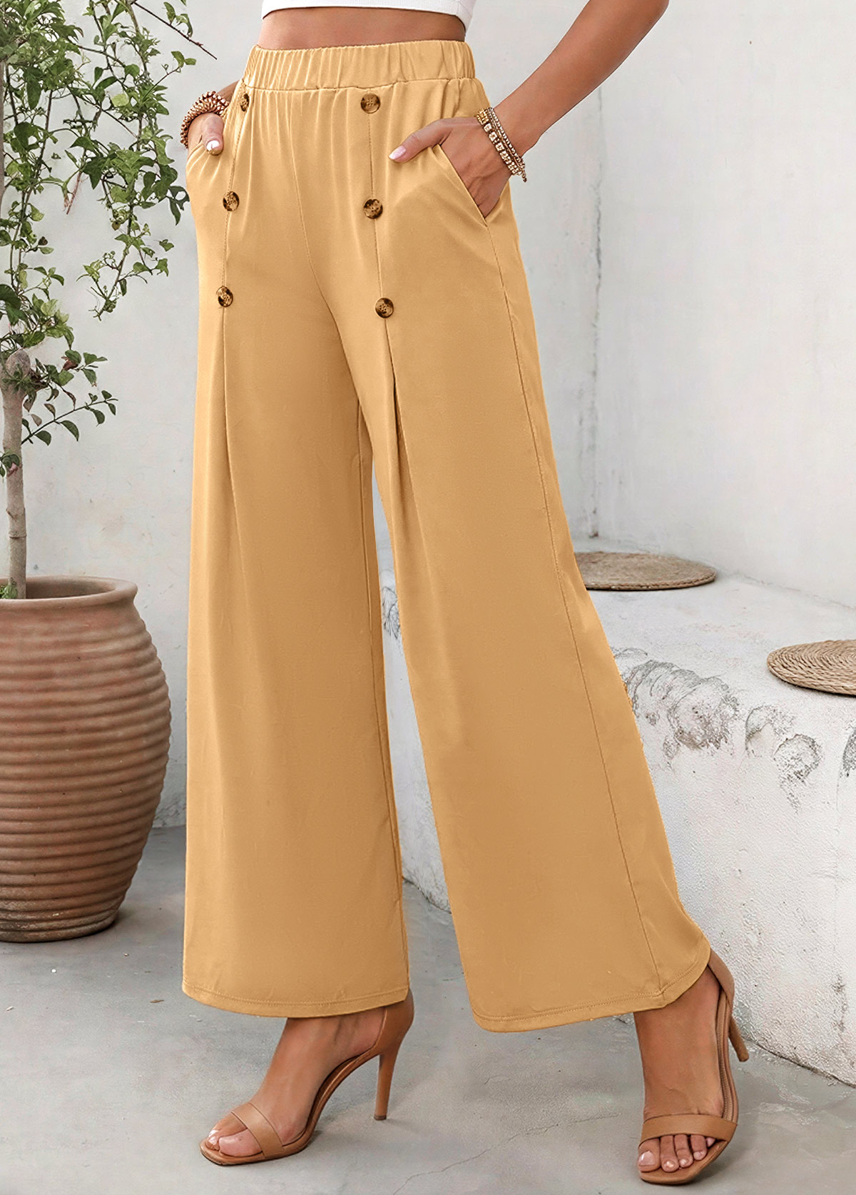Dark Camel Soft Wide Leg Elastic Waist Pants | picture 