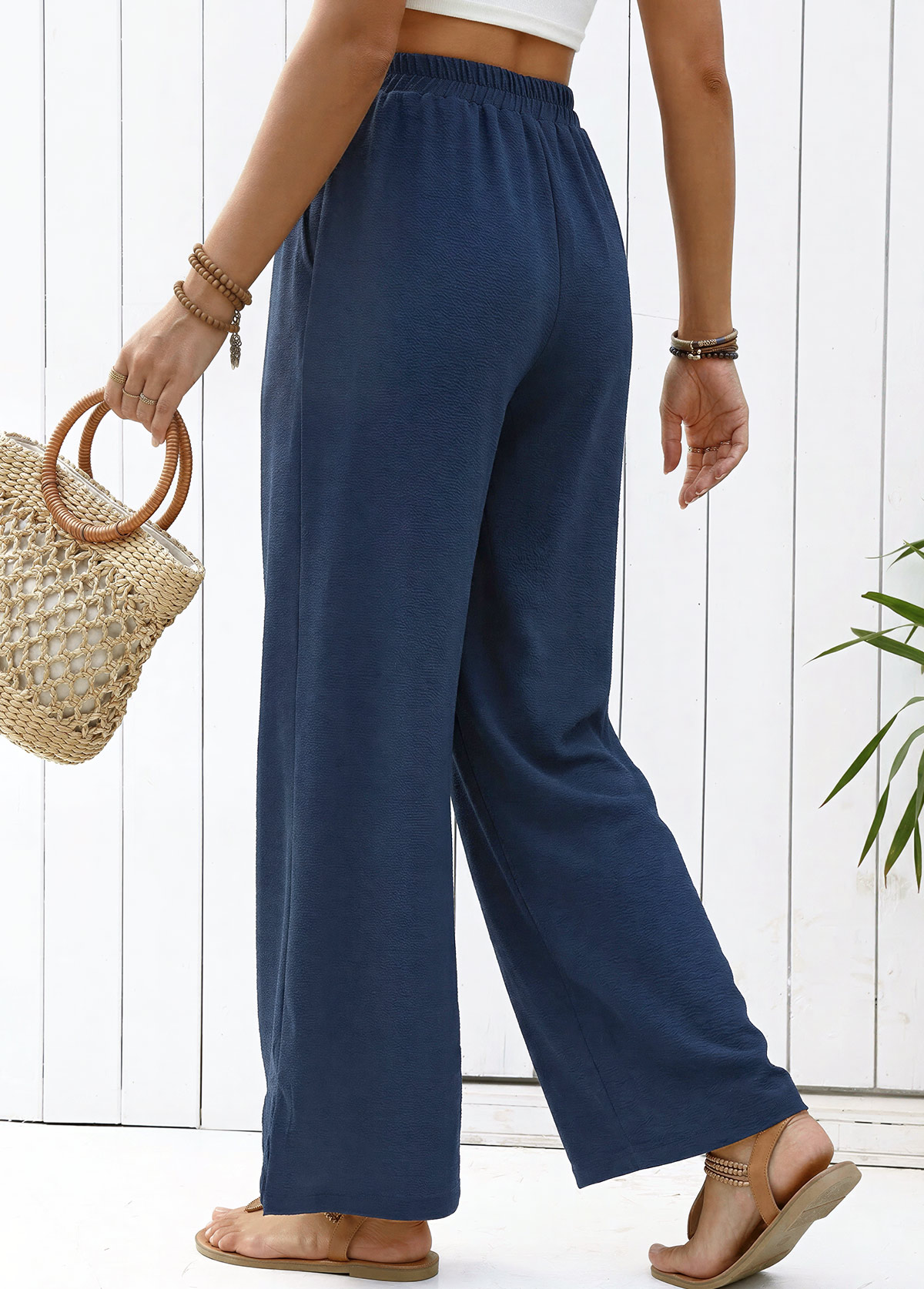Navy Straight Leg Elastic Waist High Waisted Pants | picture 