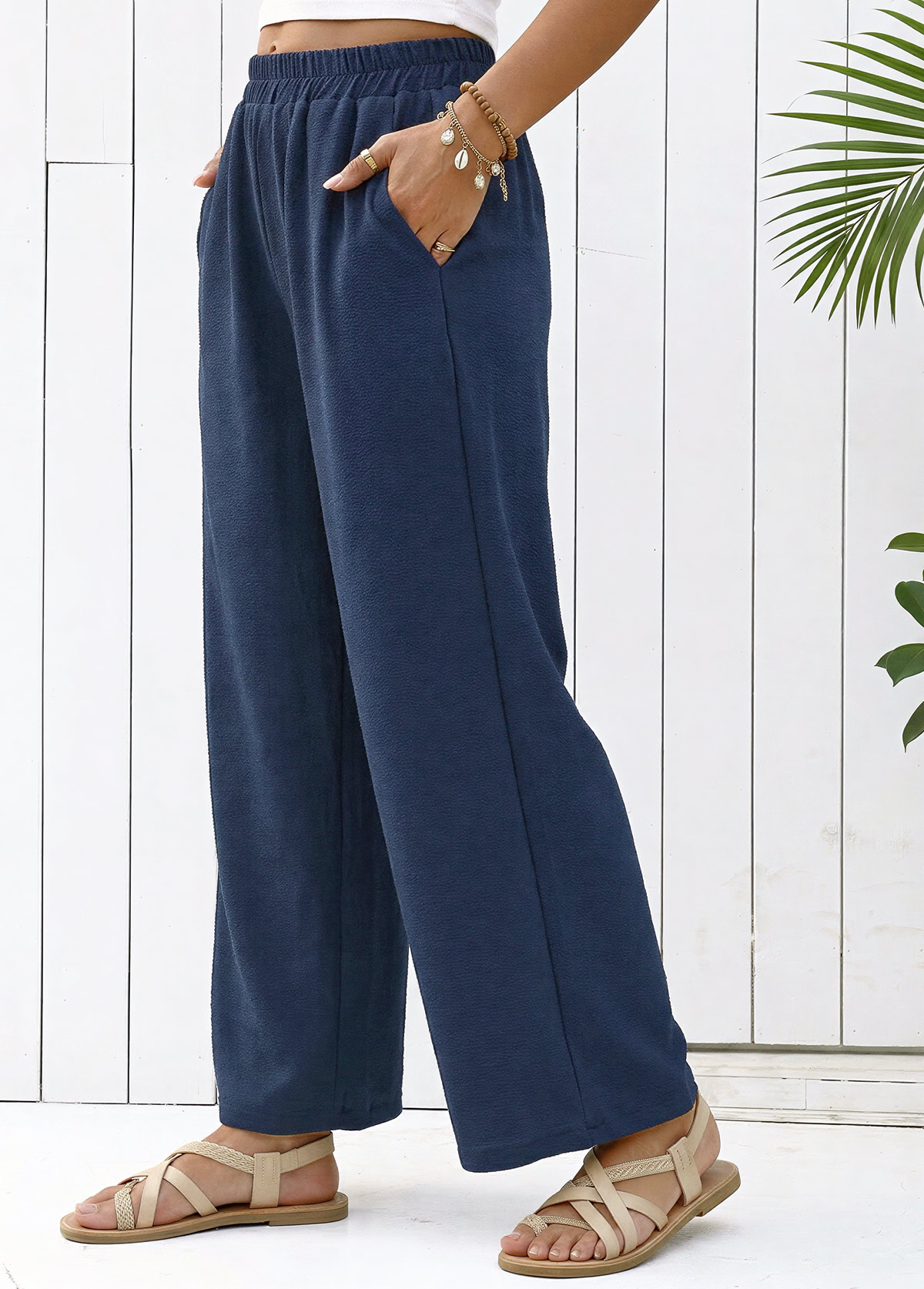 Navy Straight Leg Elastic Waist High Waisted Pants | picture 