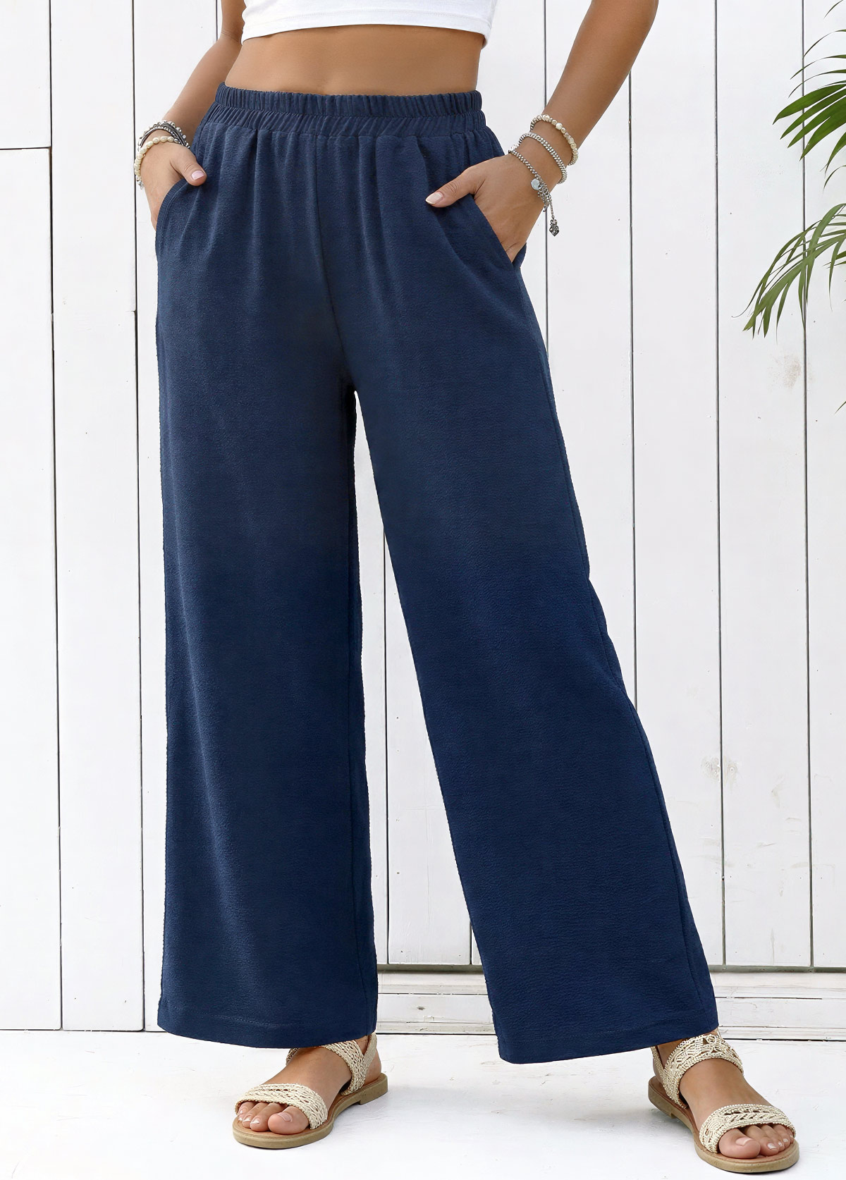 Navy Straight Leg Elastic Waist High Waisted Pants | picture 