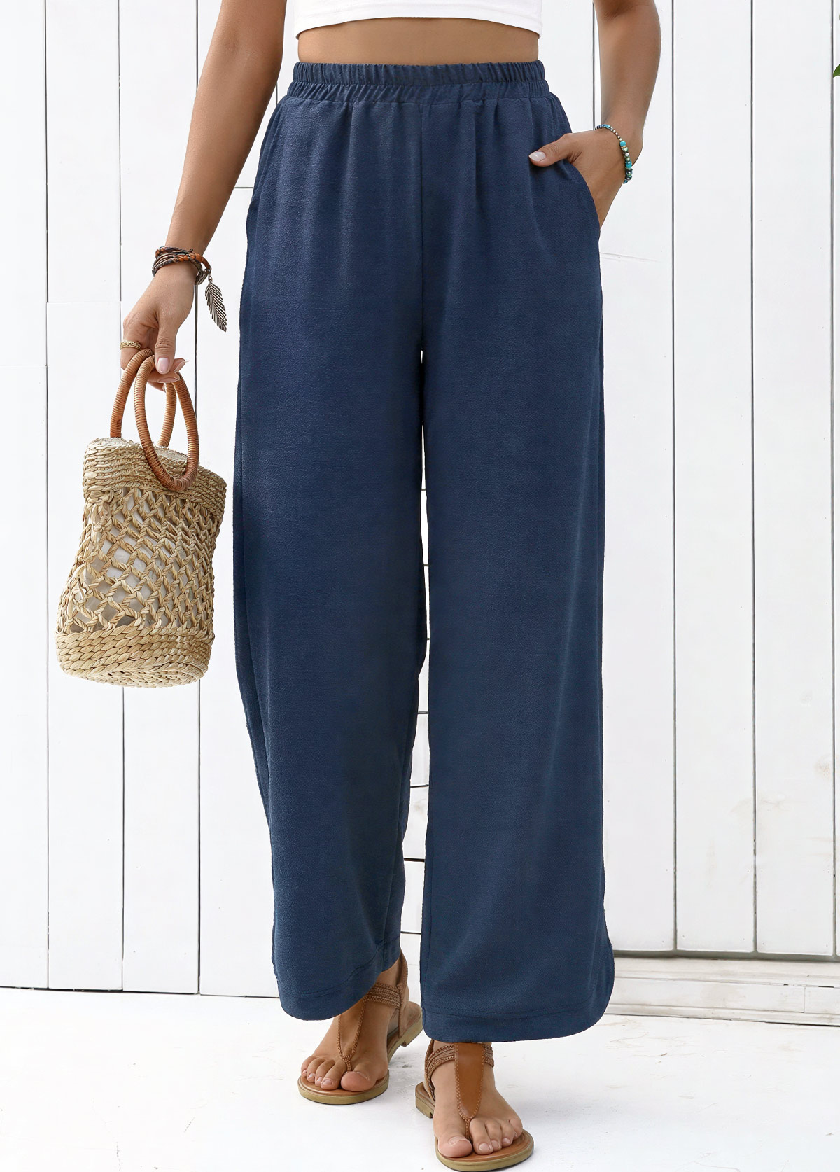 Navy Straight Leg Elastic Waist High Waisted Pants | picture 