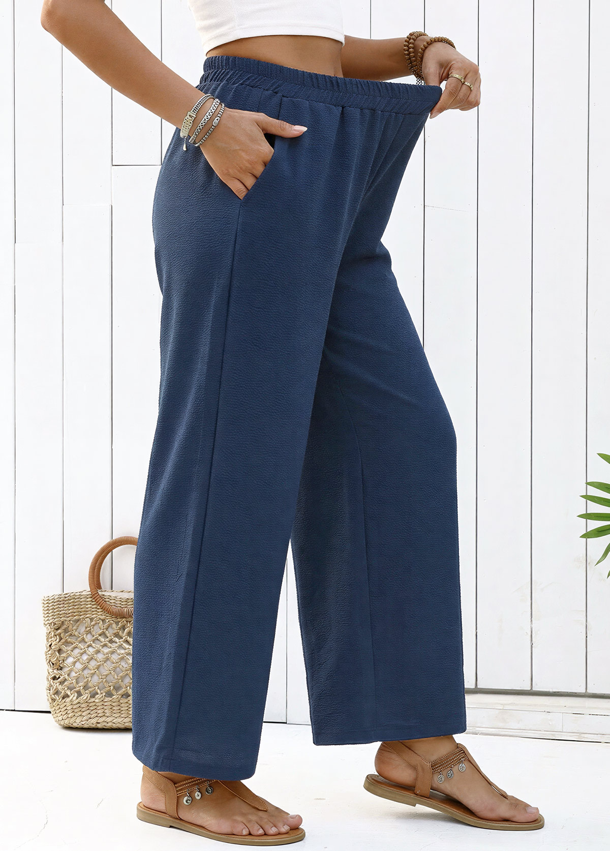 Navy Straight Leg Elastic Waist High Waisted Pants | picture 