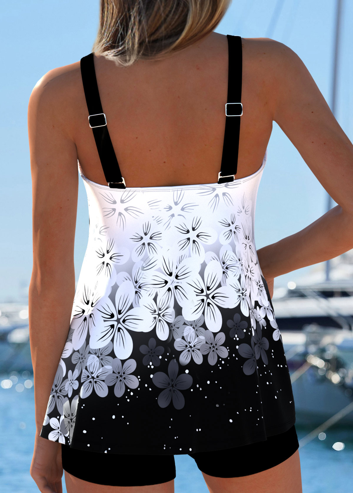Tummy Coverage Floral Print Black Tankini Set | picture 