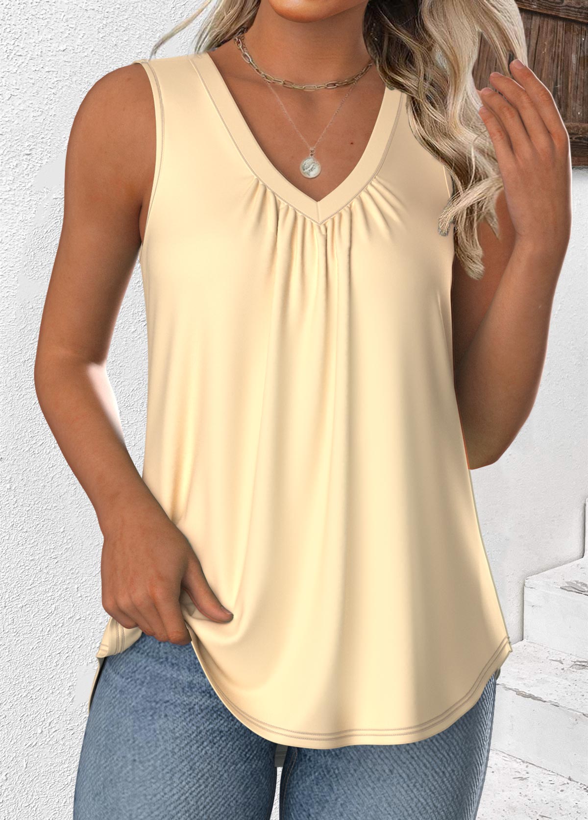 Beige Sleeveless V Neck Tank Top | picture 