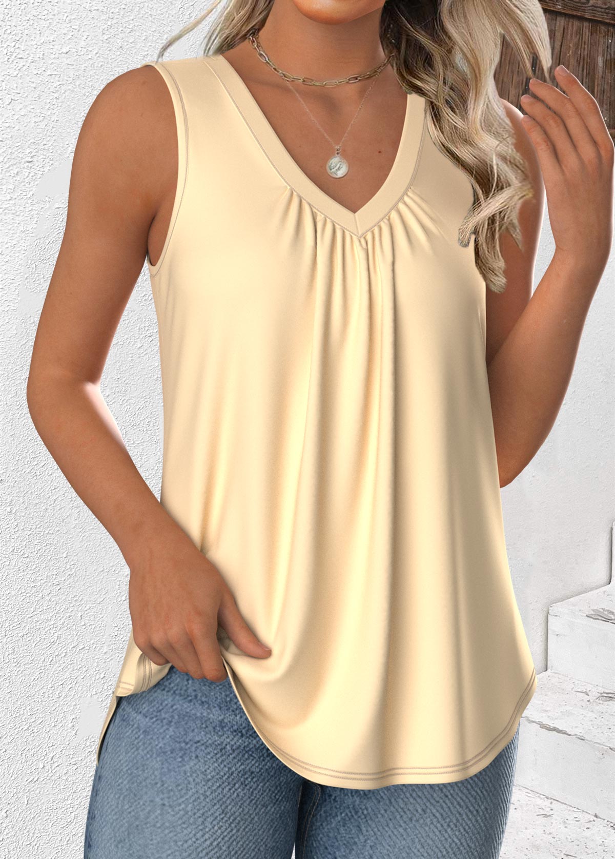 Beige Sleeveless V Neck Tank Top | picture 