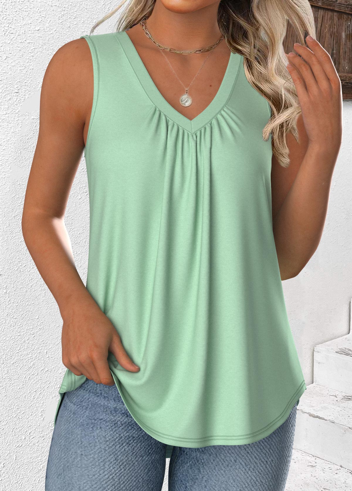 Light Green Sleeveless V Neck Tank Top | picture 