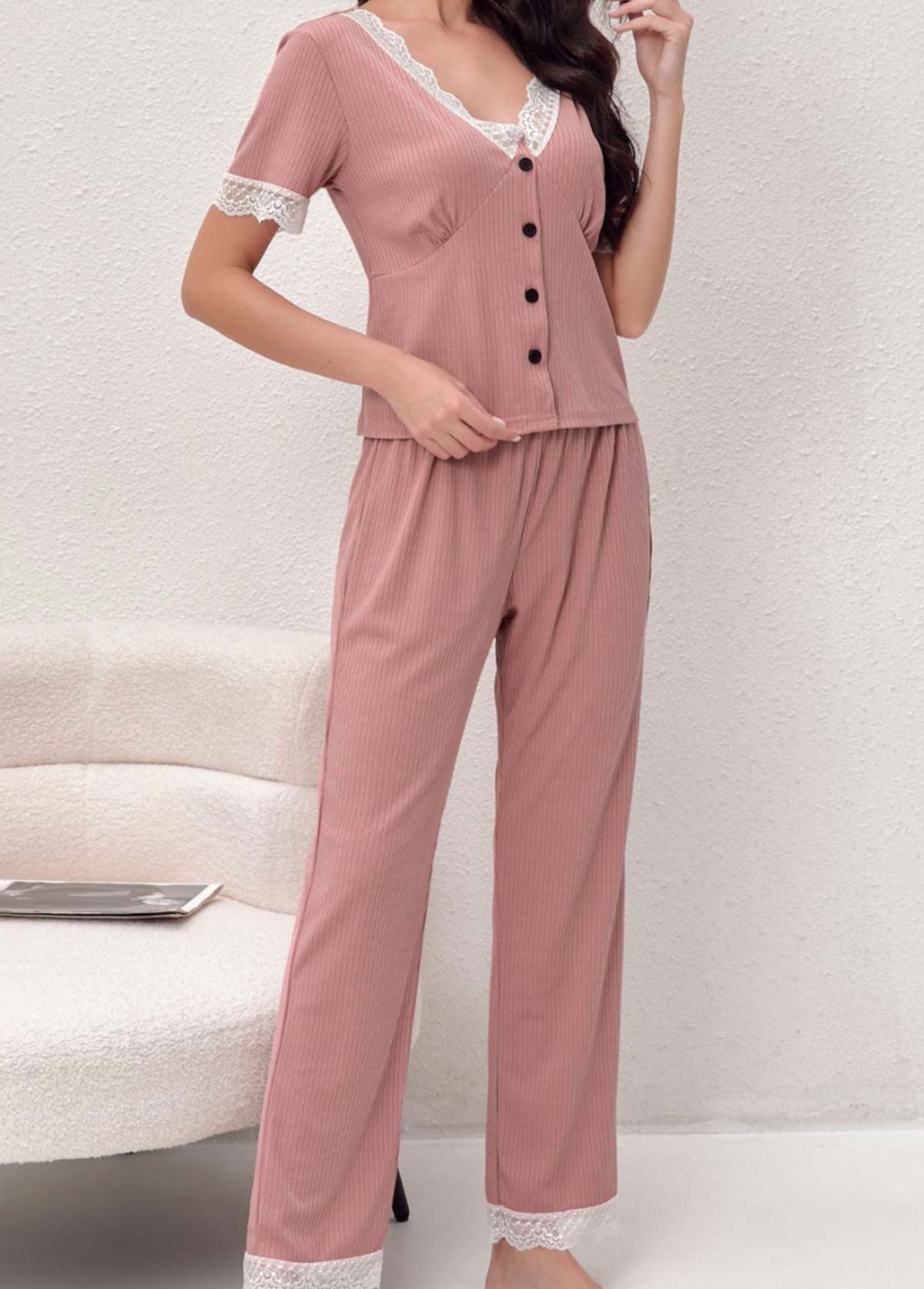 Pink Short Sleeve V Neck Lounge Top and Pants | picture 