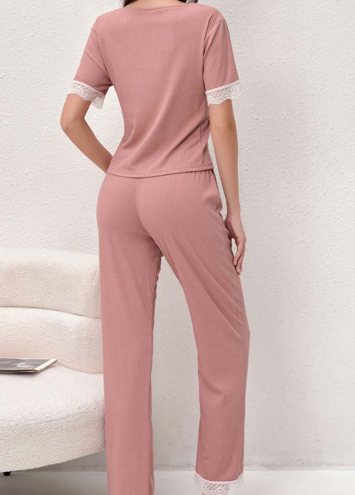 Pink Short Sleeve V Neck Lounge Top and Pants | picture 