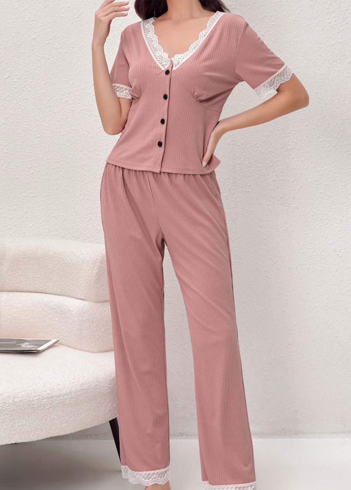 Pink Short Sleeve V Neck Lounge Top and Pants | picture 